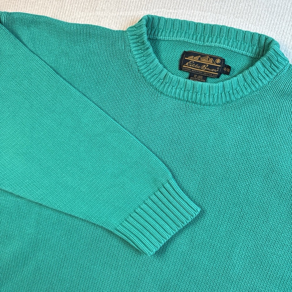 Eddie Bauer Sweater Mens XL Teal Green Vintage 90s Cotton Shaker Knit Crewneck‎ - Picture 1 of 8